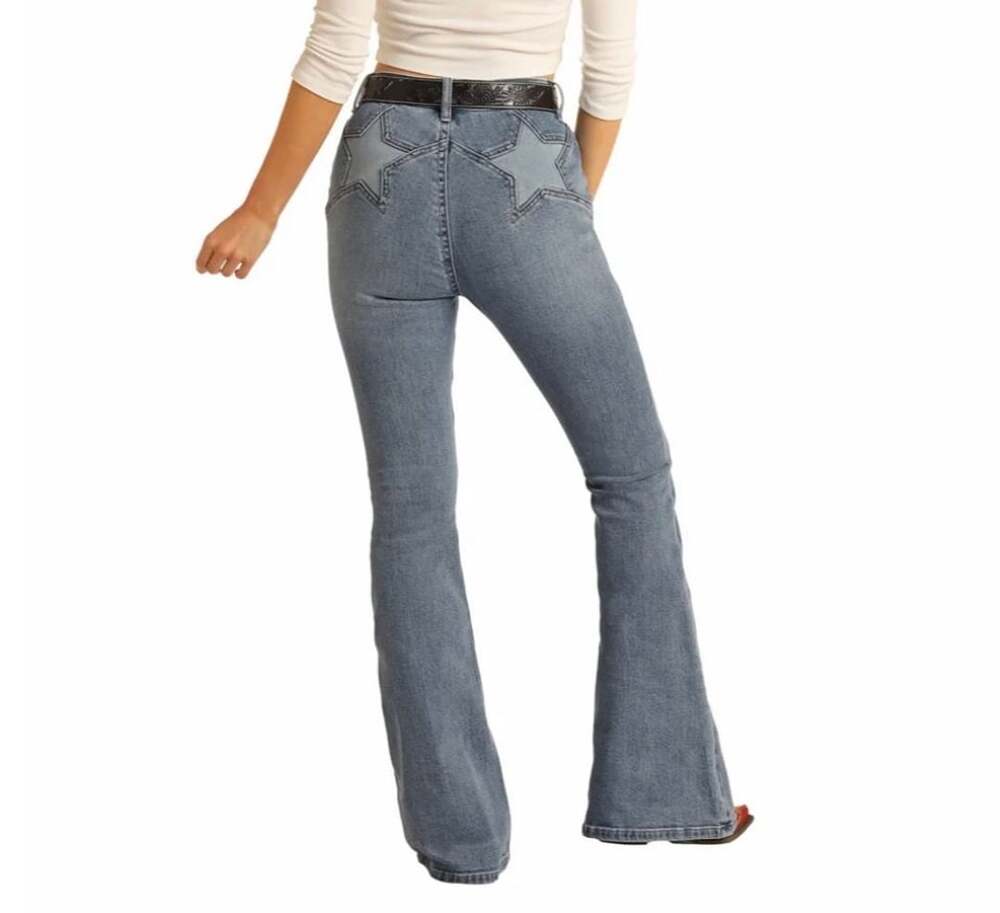 Rock & Roll Denim Ladies Blue Star High Rise Flare Jeans 26